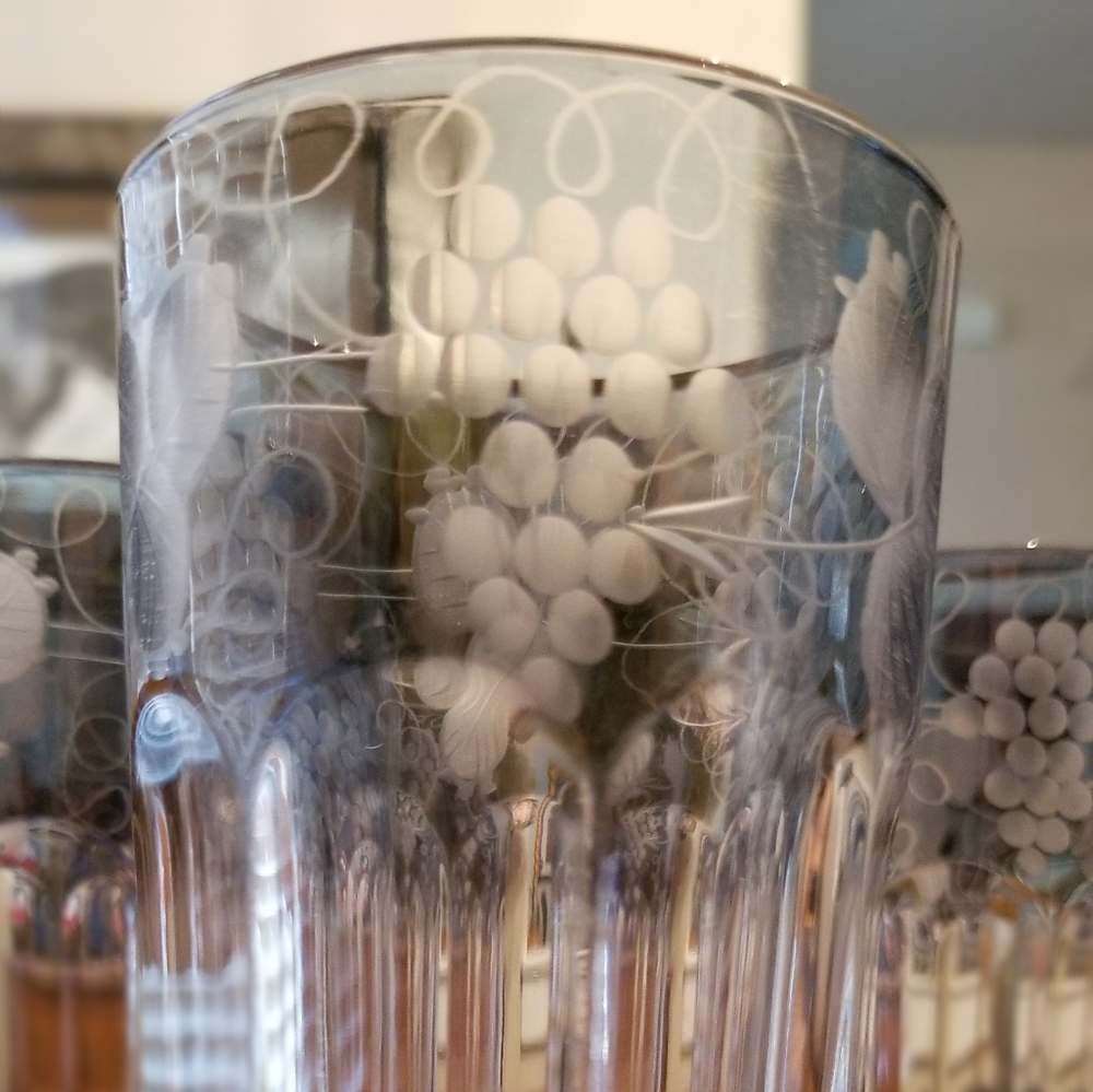 French Etched Wine Grapes Botanical Juice Glasses